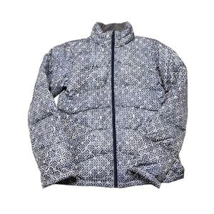 Lands End Womens Puffer Jacket XS Blue White Geometric Pattern Insulated Warm